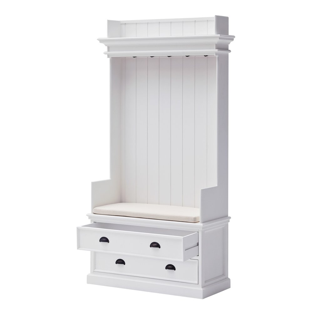 Classic White Entryway Coat Rack and Bench with Drawers on a white background