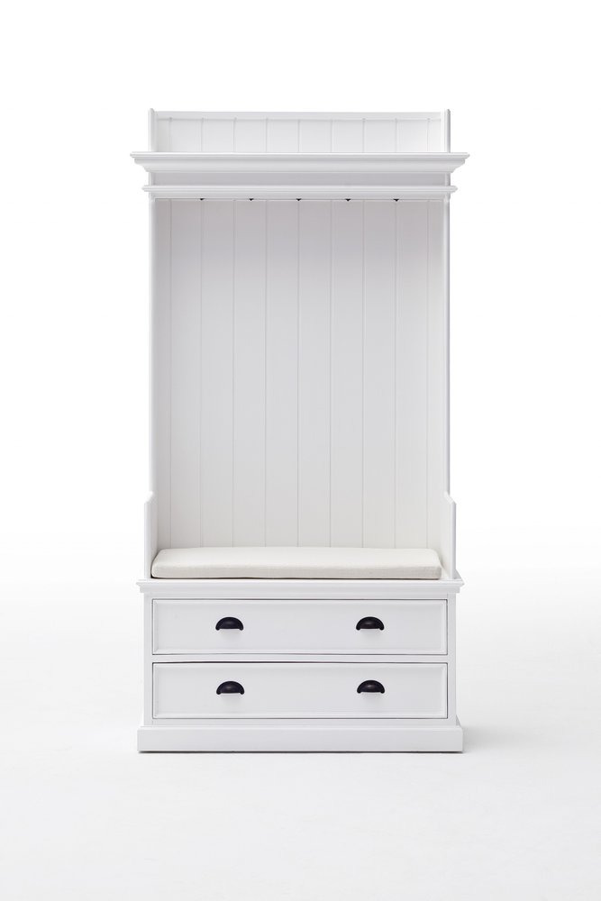 Classic White Entryway Coat Rack and Bench with Drawers on a white background