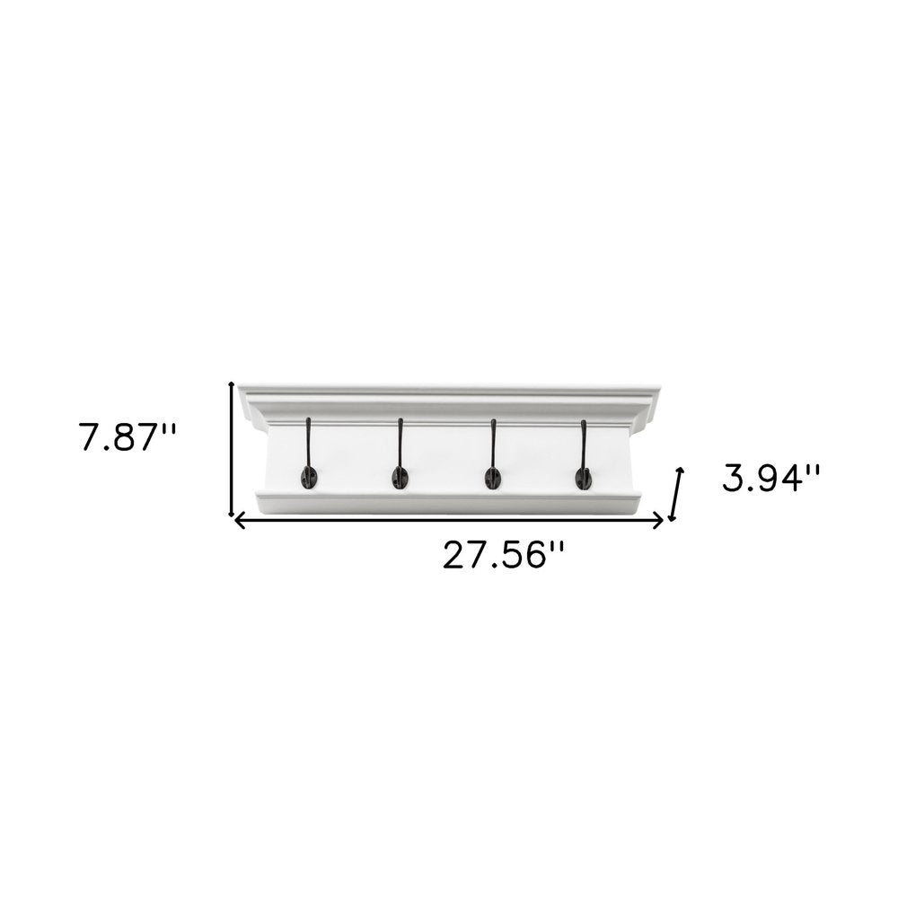 28" Classic White Wood Four Hook Hanging Coat Rack. Coat hanger isolated on a plain white background, in a white wood finish.