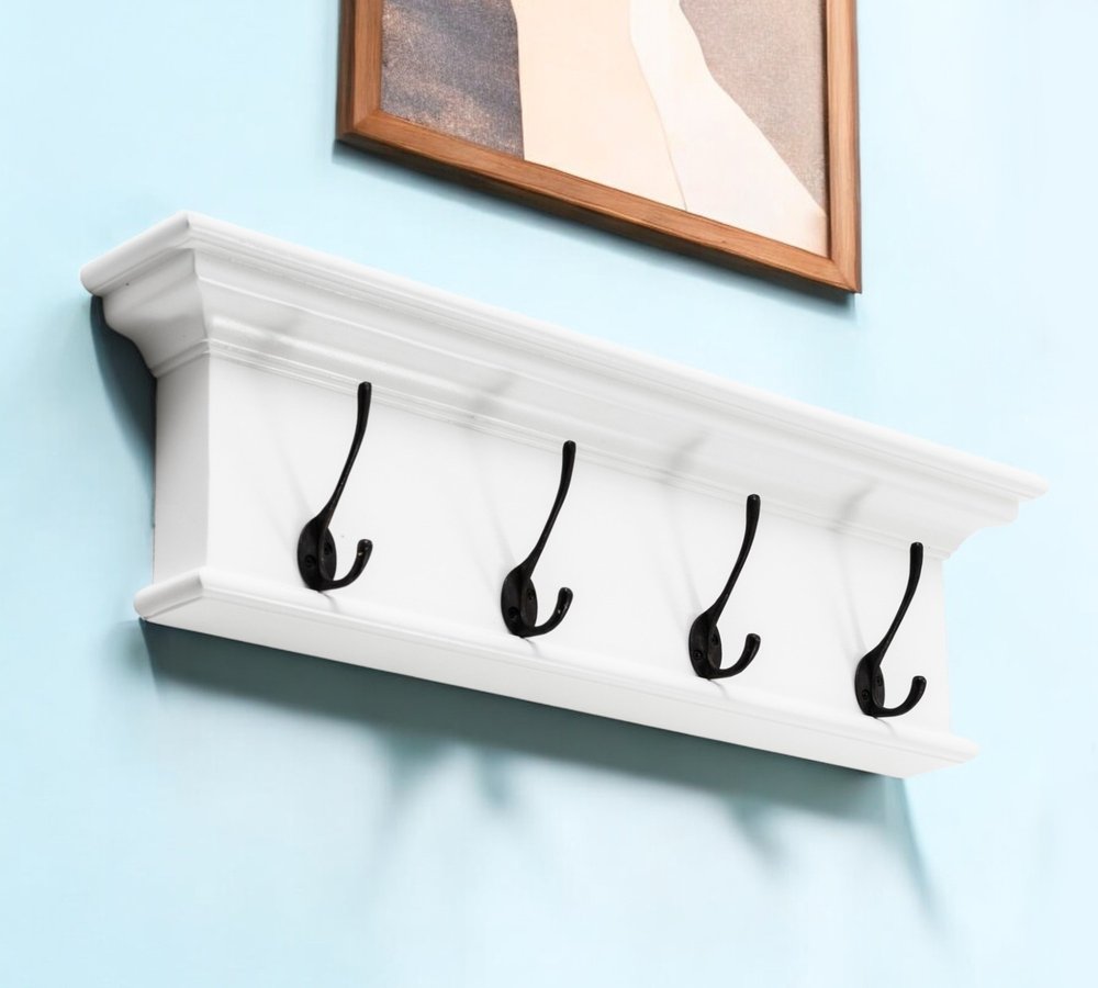 28" Classic White Wood Four Hook Hanging Coat Rack. Coat hanger in white wood.
