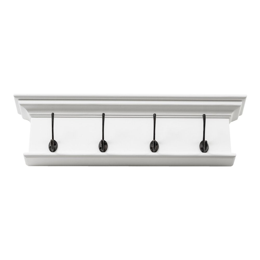 28" Classic White Wood Four Hook Hanging Coat Rack. Coat hanger isolated on a plain white background, finished in white wood.