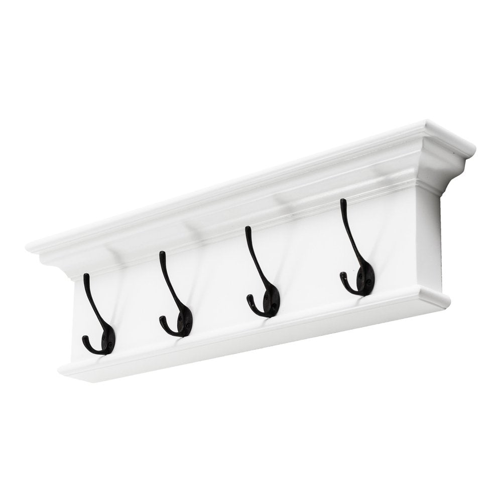 28" Classic White Wood Four Hook Hanging Coat Rack. Coat hanger isolated on a plain white background, showing a white wood surface.