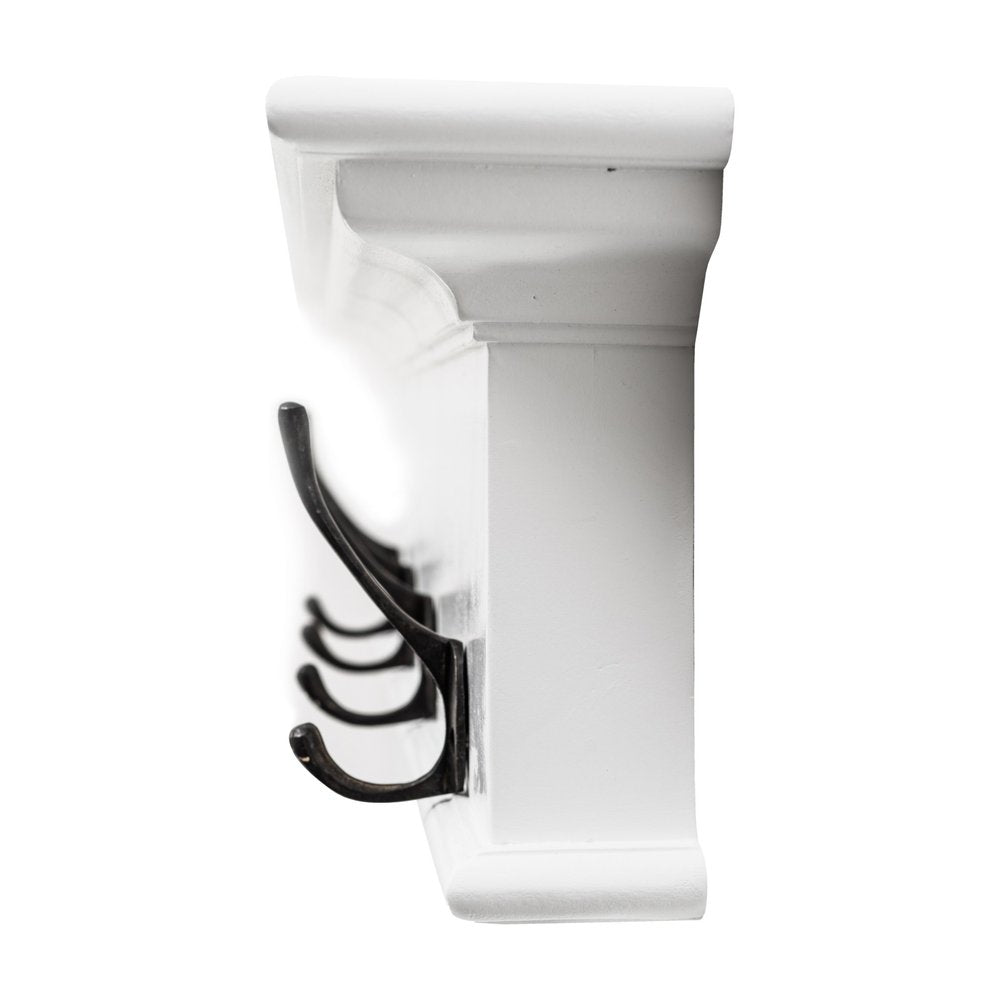 28" Classic White Wood Four Hook Hanging Coat Rack. Coat hanger isolated on a plain white background, finished in white wood.
