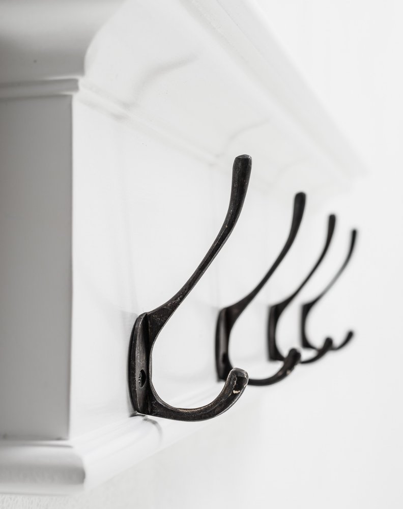 28" Classic White Wood Four Hook Hanging Coat Rack. Coat hanger isolated on a plain white background, showing a white wood surface.