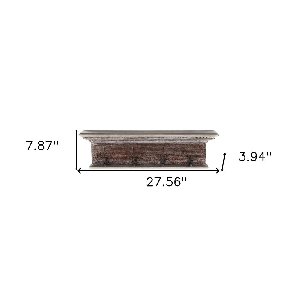28" Brown Solid Wood Four Hook Wall Mount Coat Rack. Coat hanger isolated on a plain white background, in a brown wood finish.