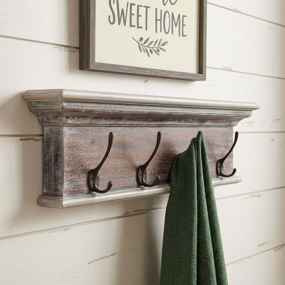 28" Brown Solid Wood Four Hook Wall Mount Coat Rack. Coat hanger isolated on a plain white background, finished in brown wood.