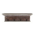 A brown solid wood wall mount coat rack with four metal hooks against a white background.