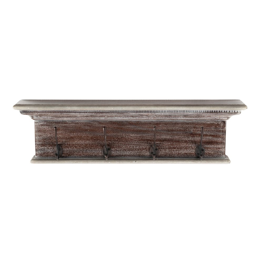 A brown solid wood wall mount coat rack with four metal hooks against a white background.