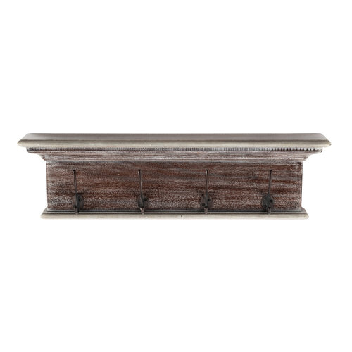 A brown solid wood wall mount coat rack with four metal hooks against a white background.