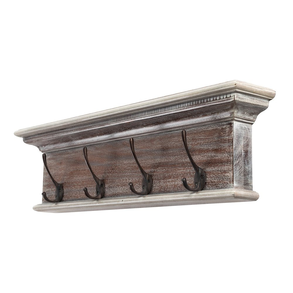 28" Brown Solid Wood Four Hook Wall Mount Coat Rack. Coat hanger isolated on a plain white background, showing a brown wood surface.