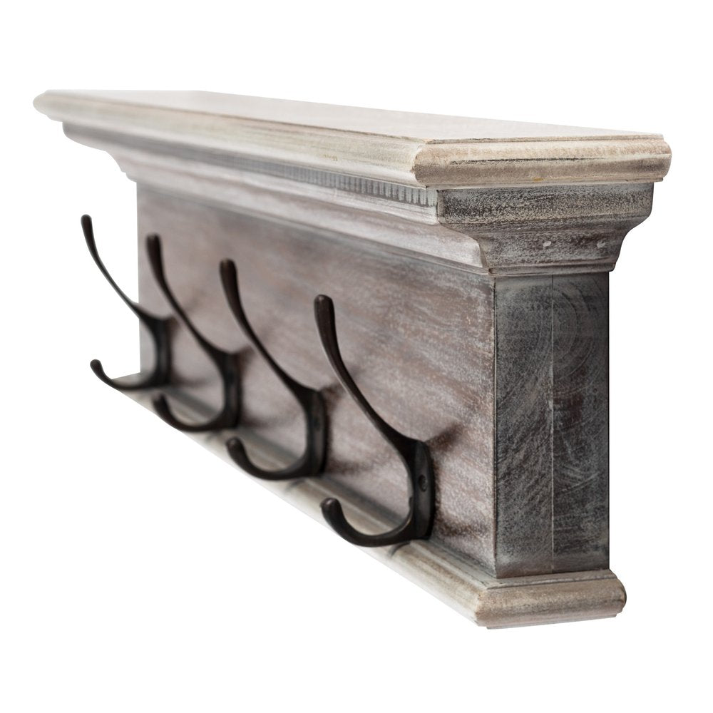 28" Brown Solid Wood Four Hook Wall Mount Coat Rack. Coat hanger isolated on a plain white background, showing a wood surface.