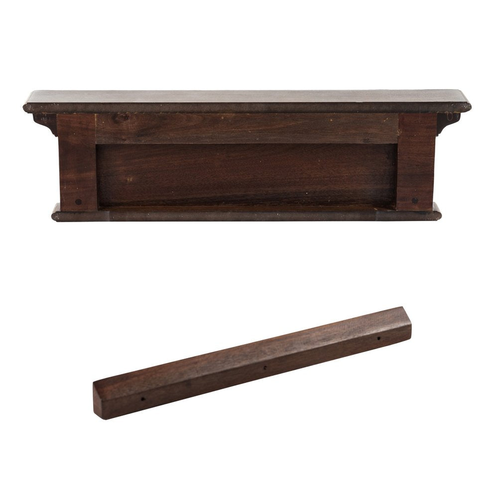28" Brown Solid Wood Four Hook Wall Mount Coat Rack. Coat hanger isolated on a plain white background, in a brown wood finish.