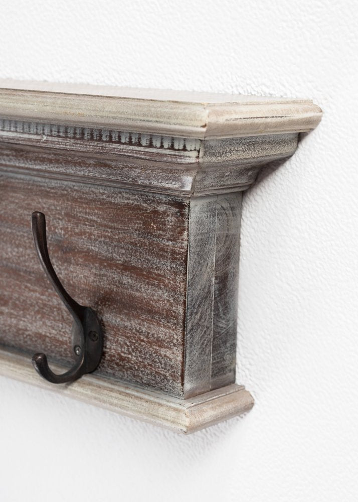 28" Brown Solid Wood Four Hook Wall Mount Coat Rack. Coat hanger isolated on a plain white background, showing a brown wood surface.