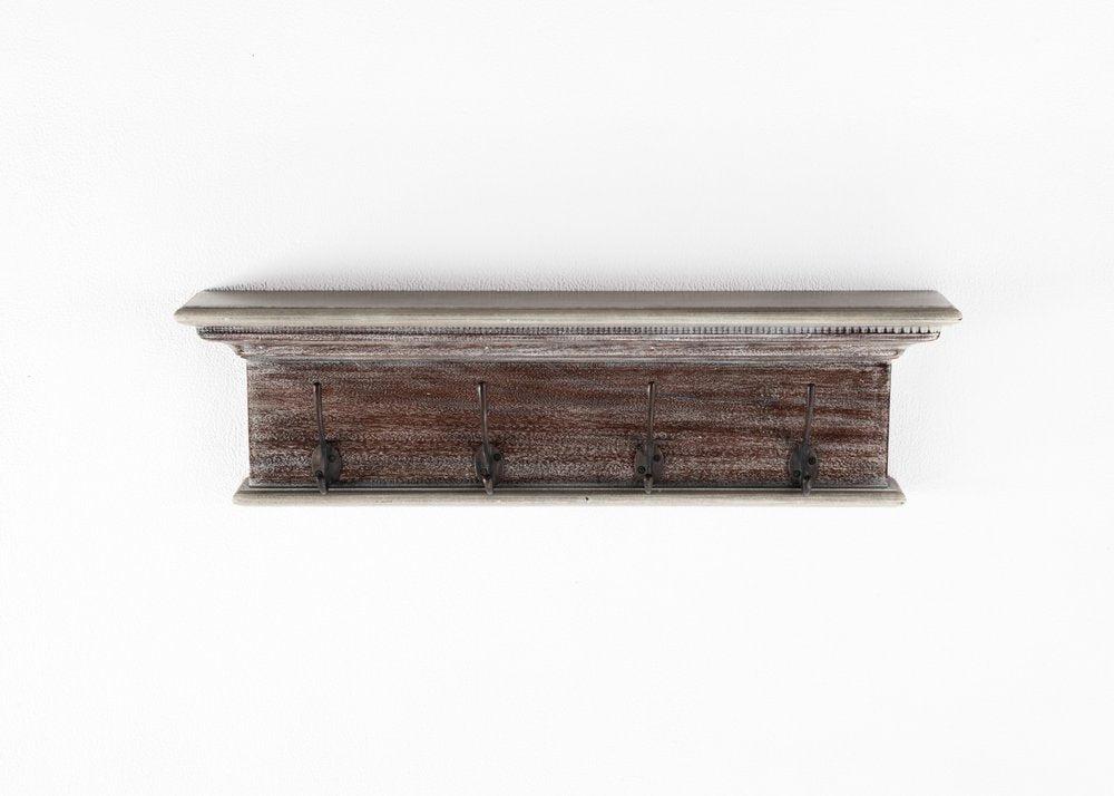 28" Brown Solid Wood Four Hook Wall Mount Coat Rack. Coat hanger isolated on a plain white background, showing a brown wood surface.