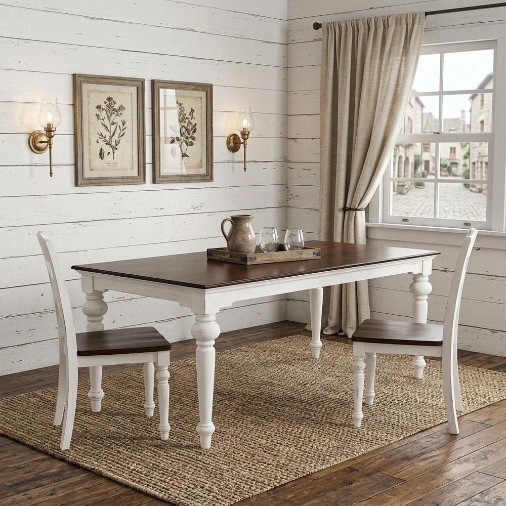 94" Dark Brown And White Solid Wood Dining Table in a home interior