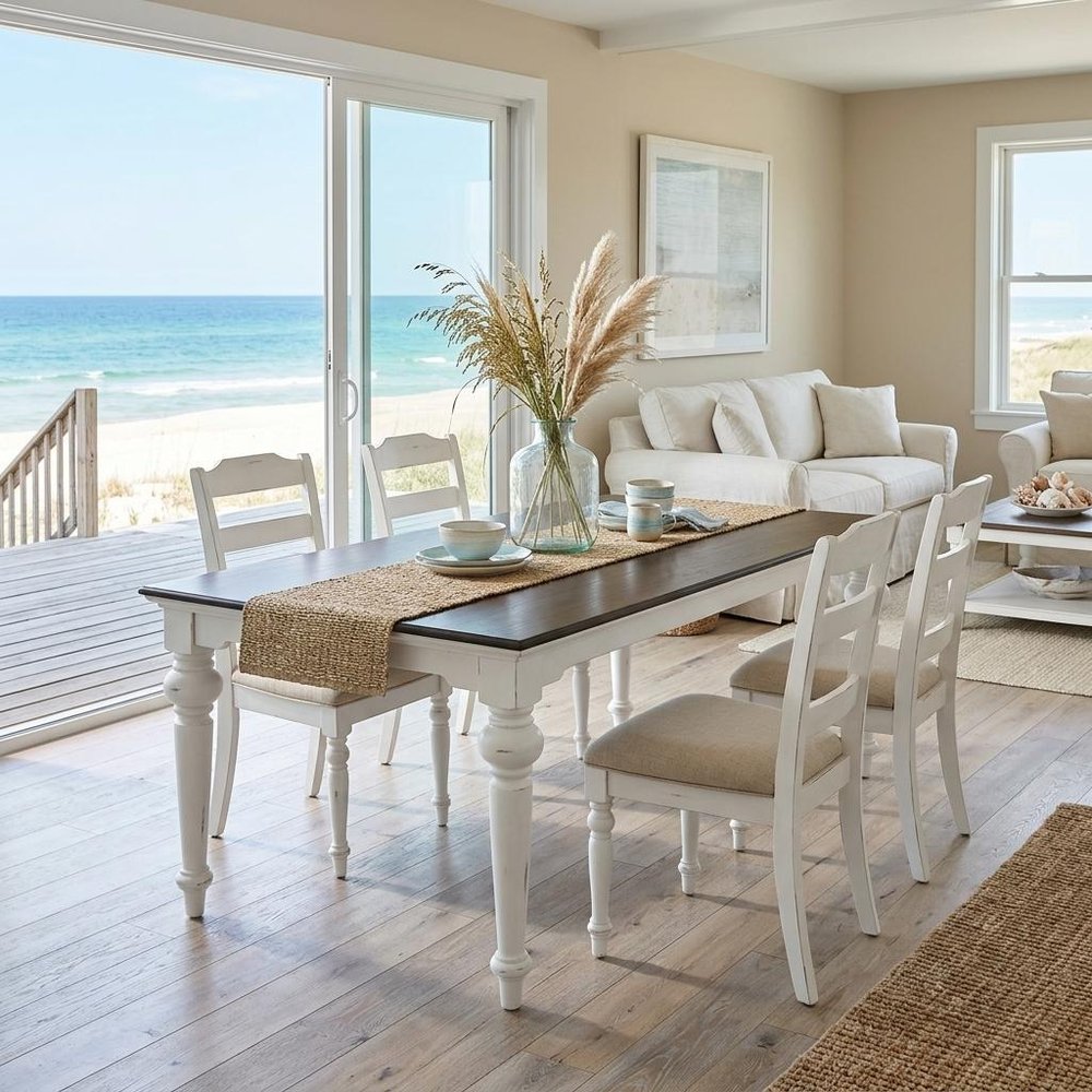 94" Dark Brown And White Solid Wood Dining Table in a home interior