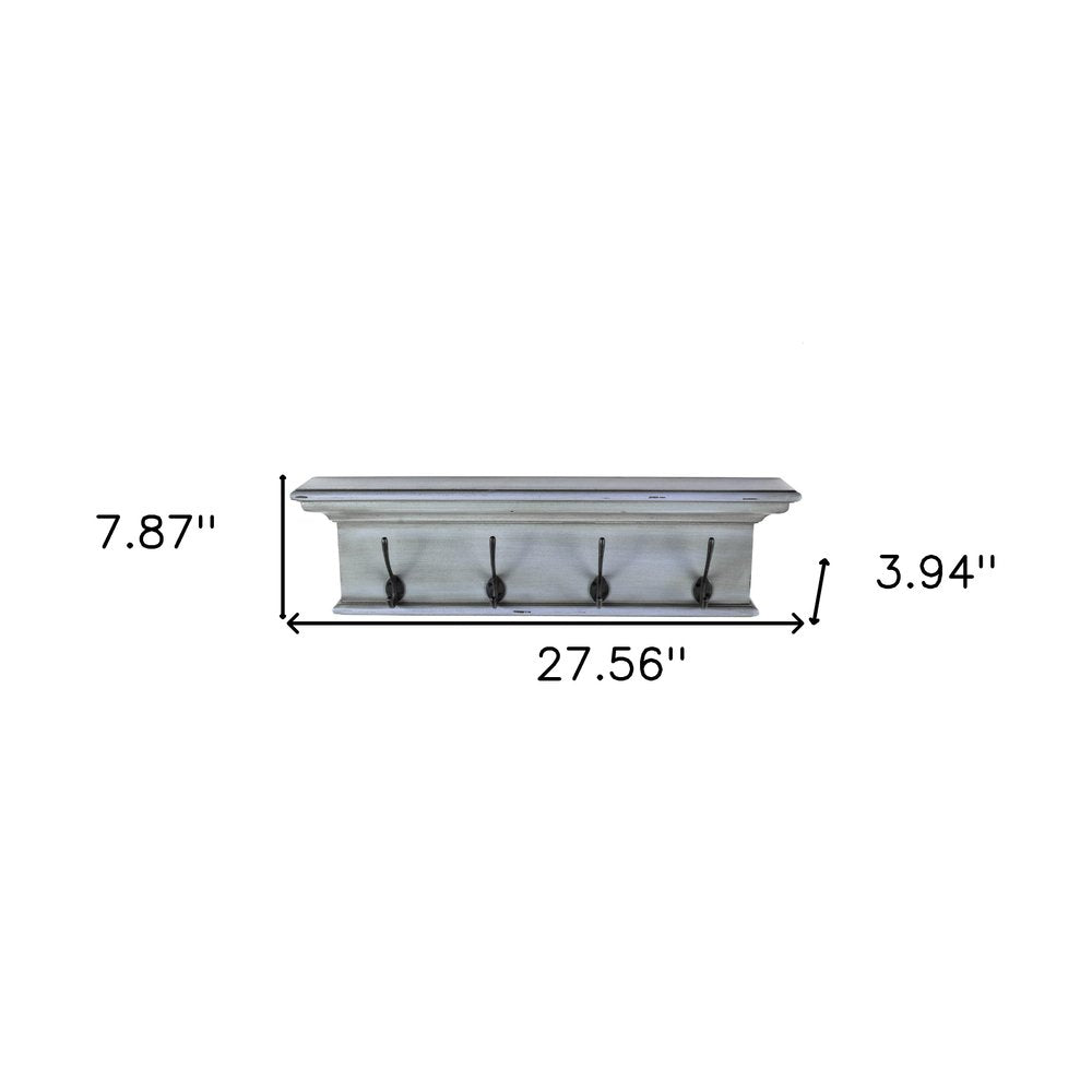 28" Black And Blue Solid Wood Four Hook Wall Mount Coat Rack. Coat hanger isolated on a plain white background, showing a wood surface.