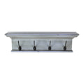 A distressed blue and black solid wood wall mount coat rack with four black hooks against a white background.