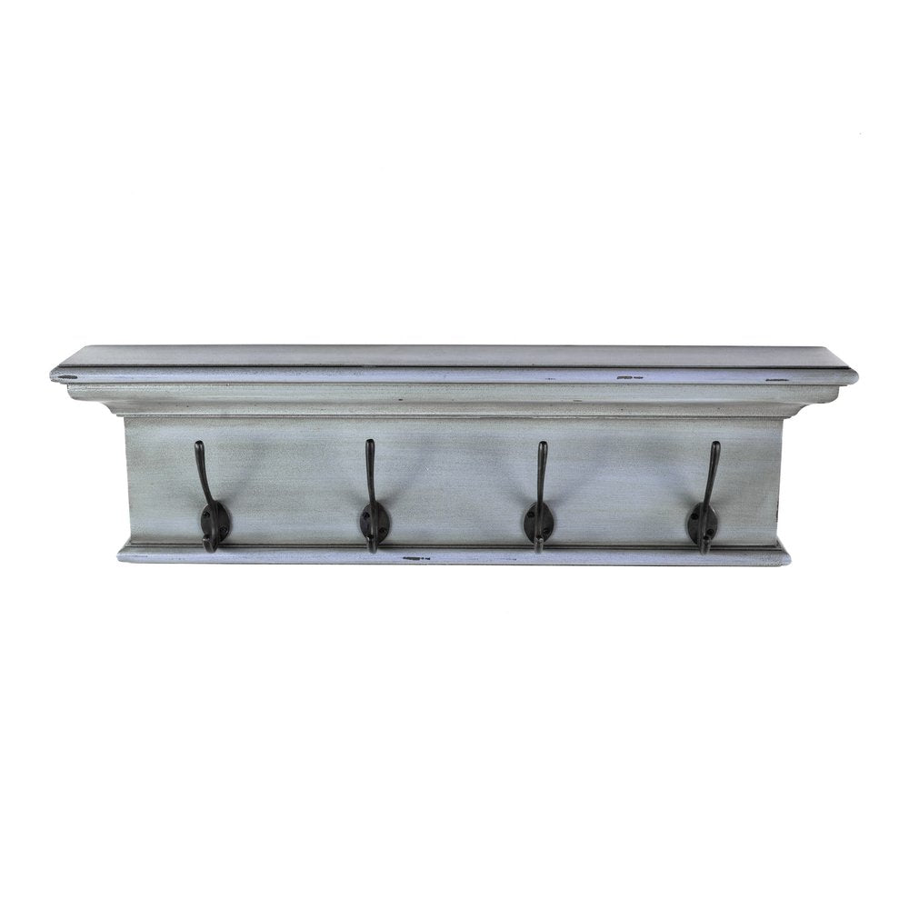 A distressed blue and black solid wood wall mount coat rack with four black hooks against a white background.