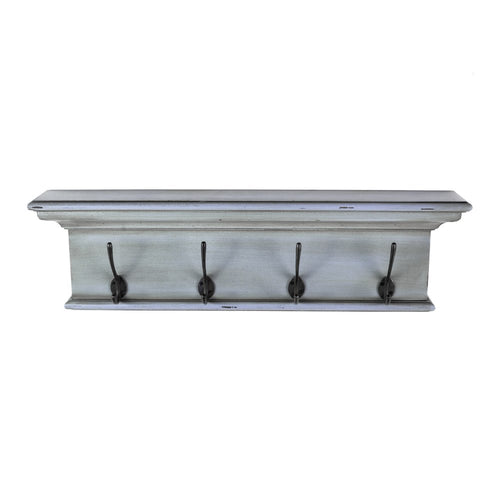 A distressed blue and black solid wood wall mount coat rack with four black hooks against a white background.