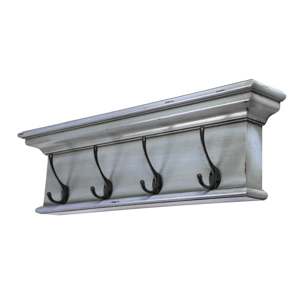 28" Black And Blue Solid Wood Four Hook Wall Mount Coat Rack. Coat hanger isolated on a plain white background, finished in black wood.