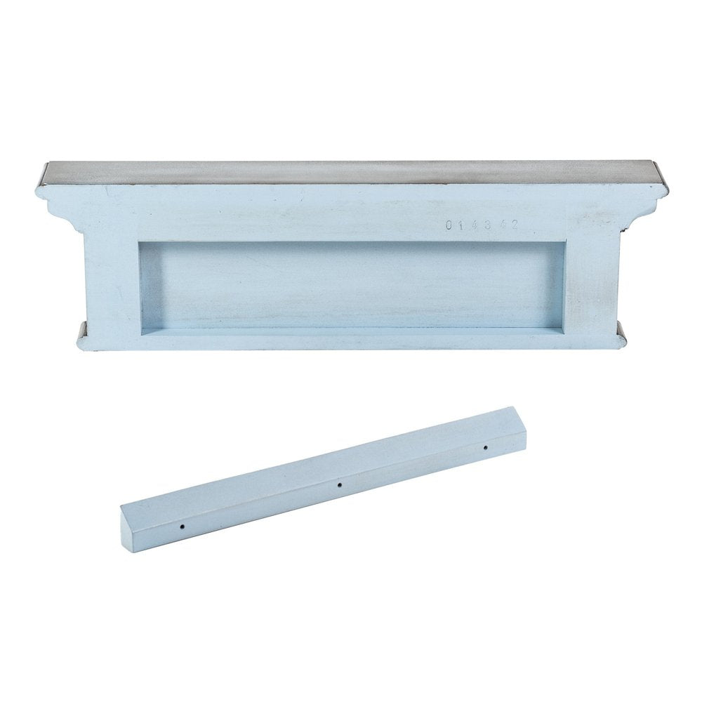 28" Black And Blue Solid Wood Four Hook Wall Mount Coat Rack. Coat hanger isolated on a plain white background, showing a blue wood surface.