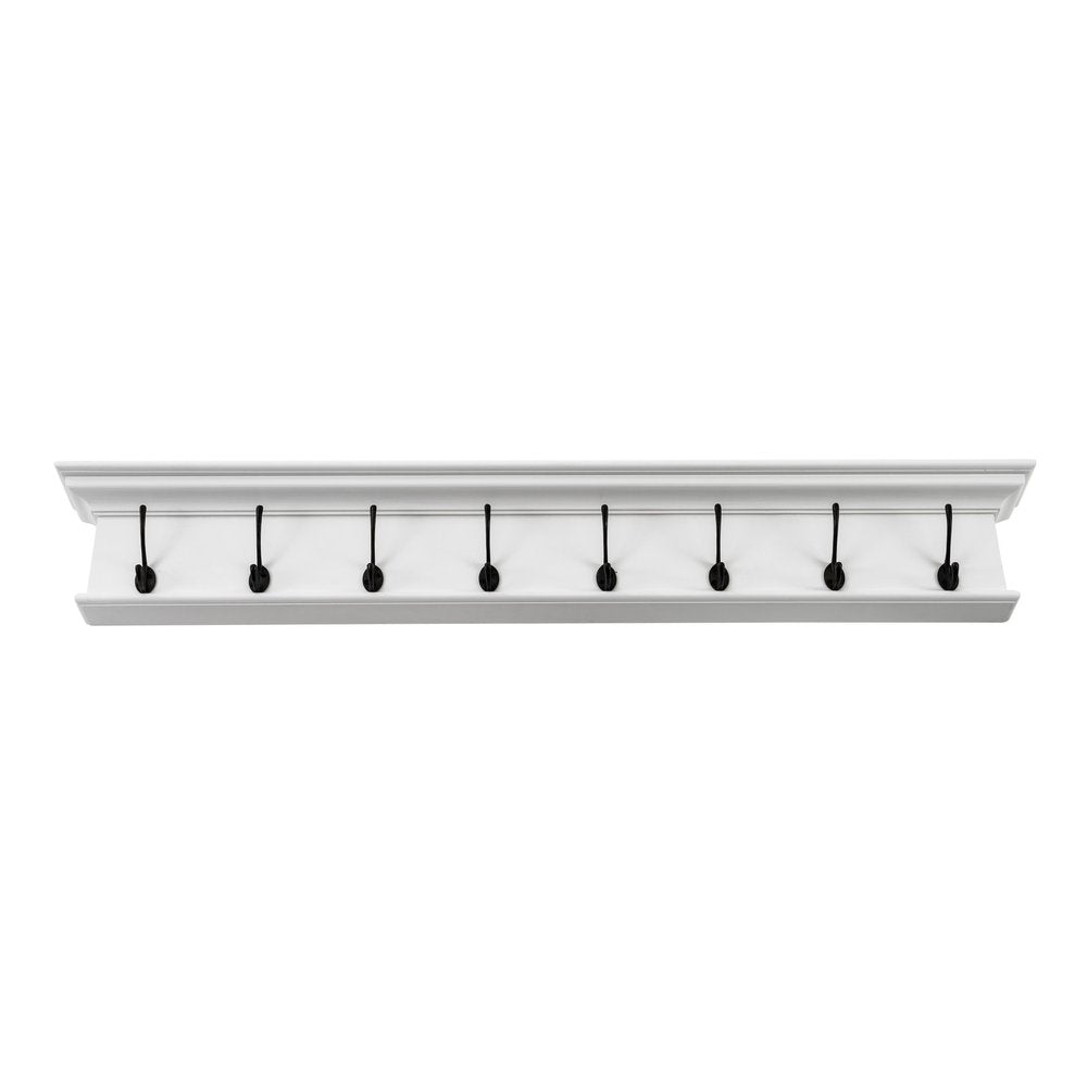 51" White Solid Wood Eight Hook Wall Mount Coat Rack. Coat hanger isolated on a plain white background, in a white wood finish.