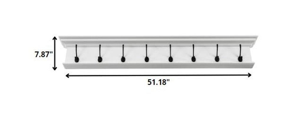 51" White Solid Wood Eight Hook Wall Mount Coat Rack