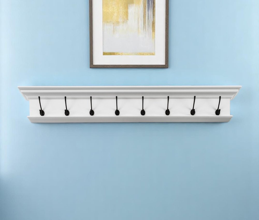 51" White Solid Wood Eight Hook Wall Mount Coat Rack. Coat hanger in white wood.