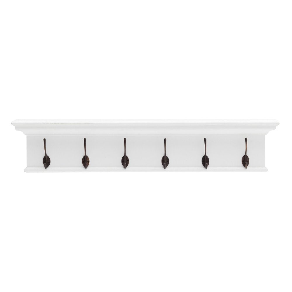 39" Classic White Wood Six Hook Hanging Coat Rack. Coat hanger isolated on a plain white background, showing a white wood surface.