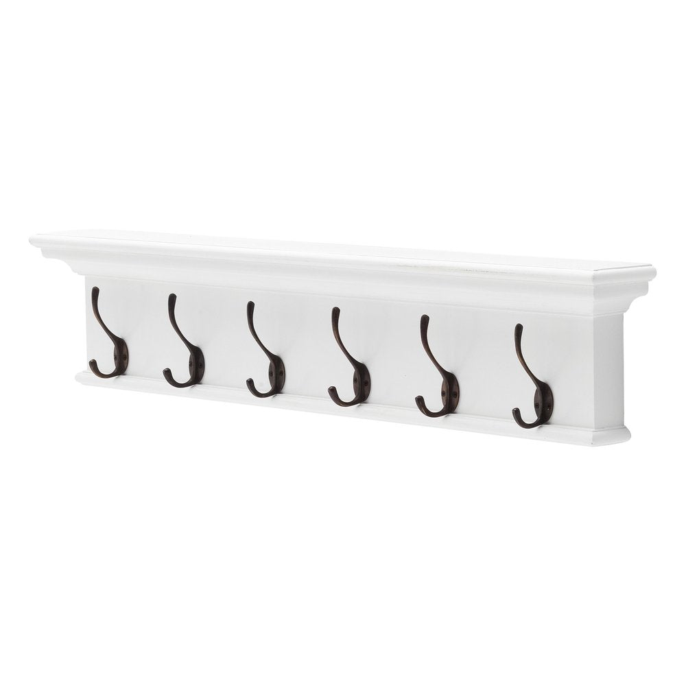 39" Classic White Wood Six Hook Hanging Coat Rack. Coat hanger isolated on a plain white background, finished in white wood.
