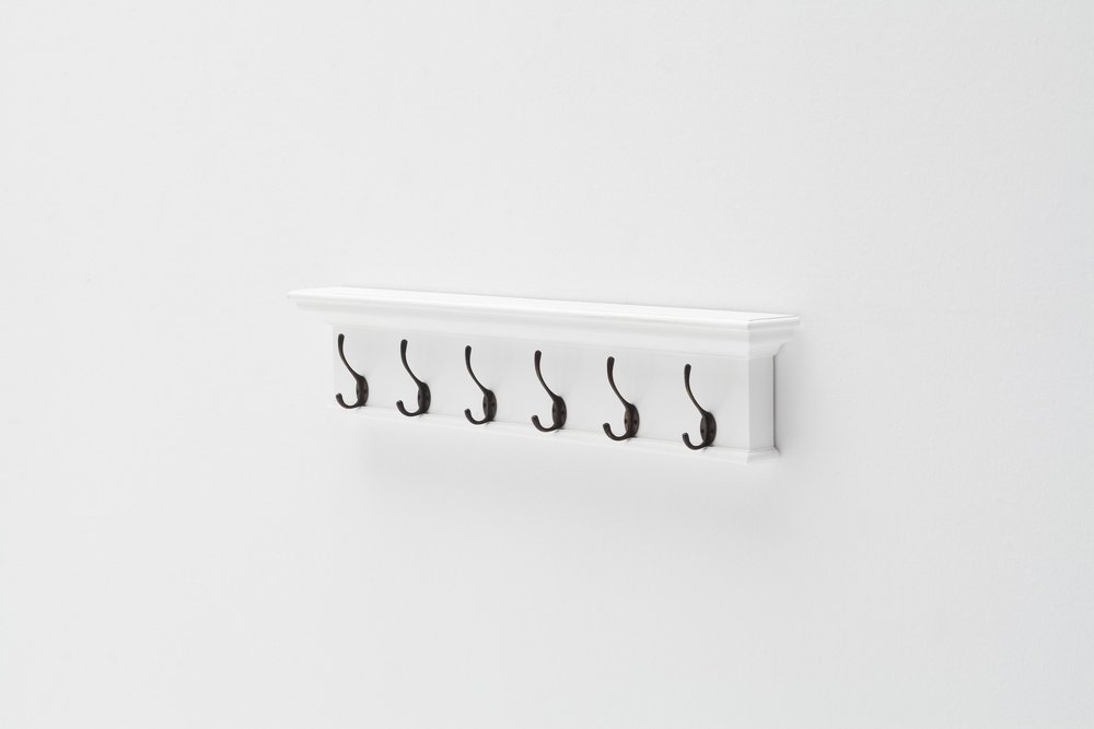 39" Classic White Wood Six Hook Hanging Coat Rack. Coat hanger isolated on a plain white background, in a white wood finish.
