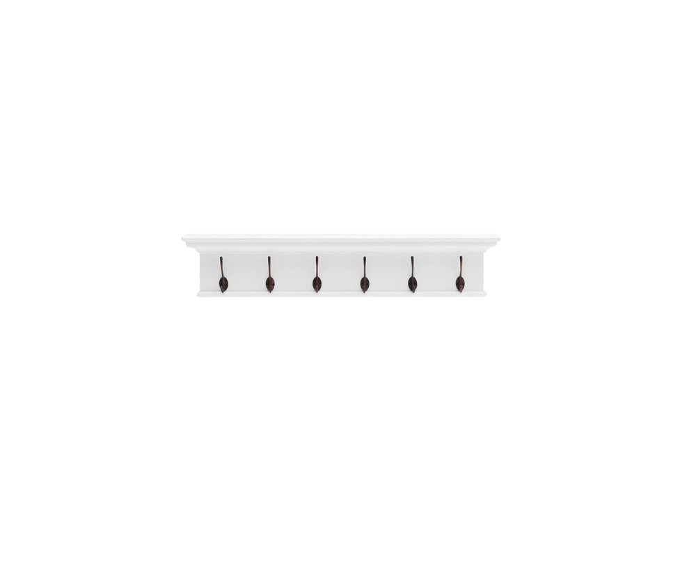 39" Classic White Wood Six Hook Hanging Coat Rack. Coat hanger isolated on a plain white background, in a white wood finish.