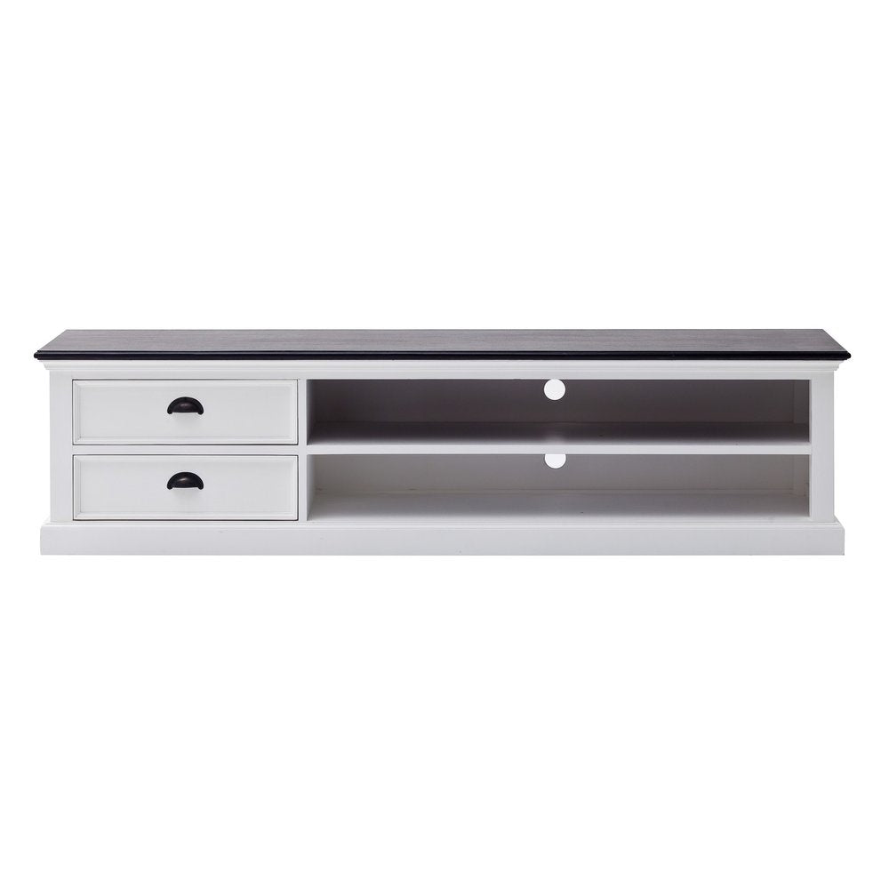 White and black solid wood TV stand with two drawers and two open shelves against a white background.