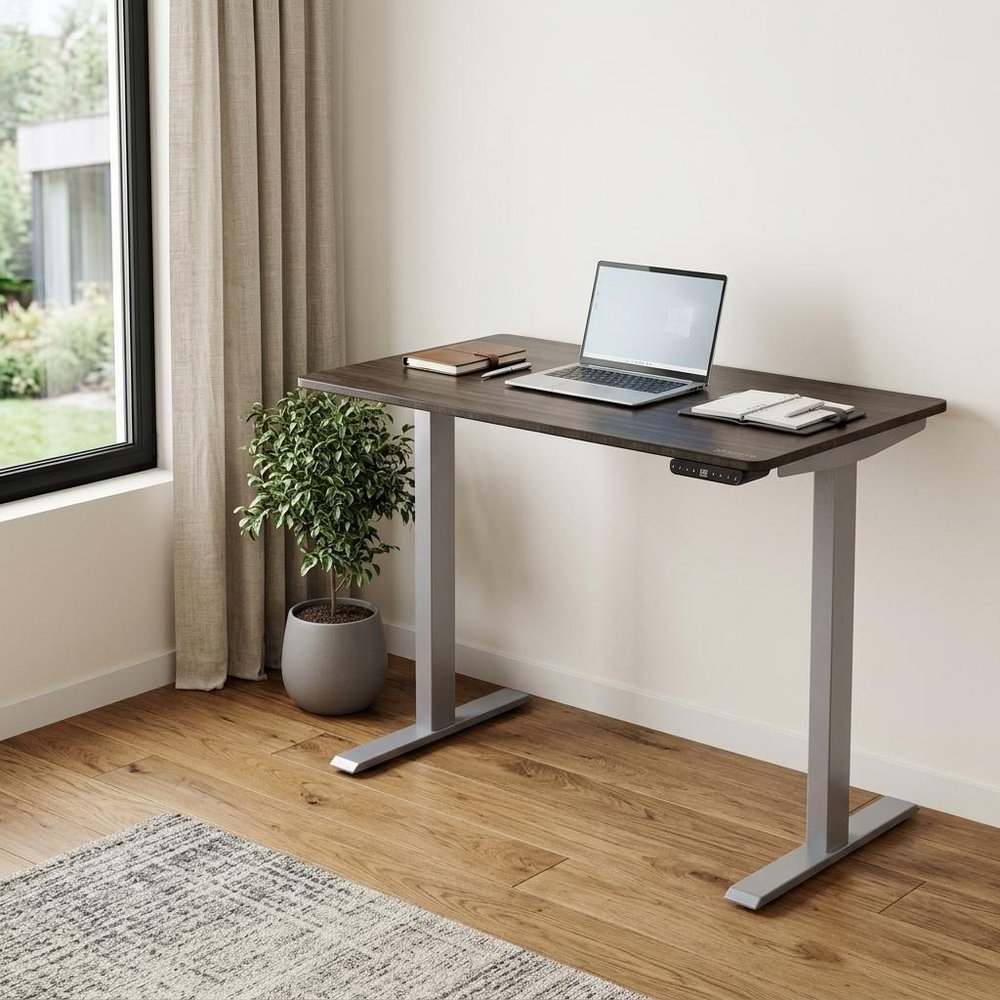Adjustable Black and Gray Stainless Steel Rolling Standing Desk in a home interior