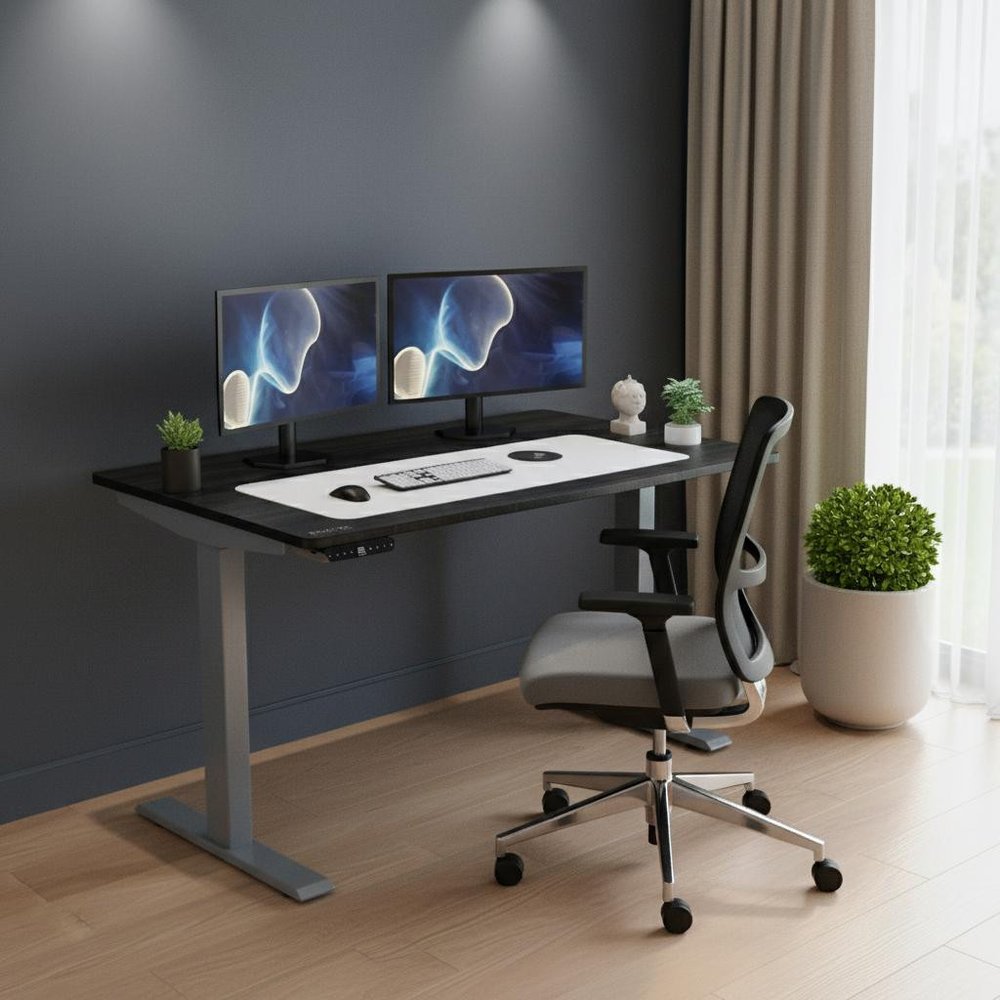 Adjustable Black and Gray Stainless Steel Rolling Computer Desk - 46.70" H x 60.00" W x 30.00" D
