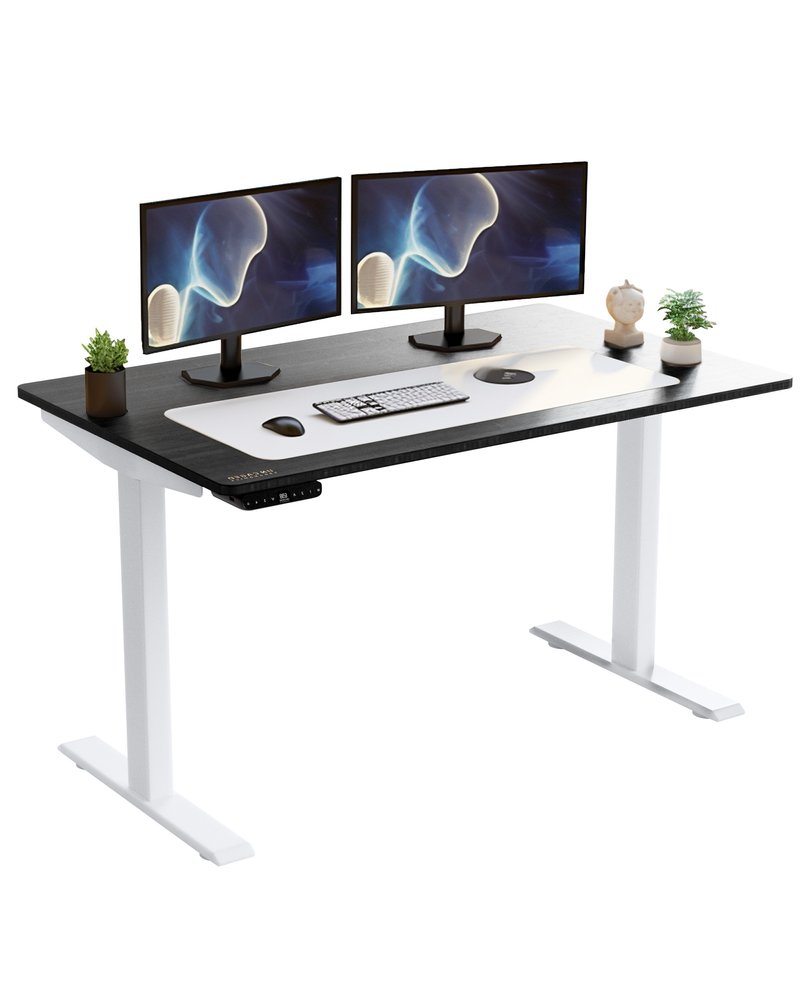 Adjustable Black and White Wood and Stainless Steel Rolling Computer Desk on a white background