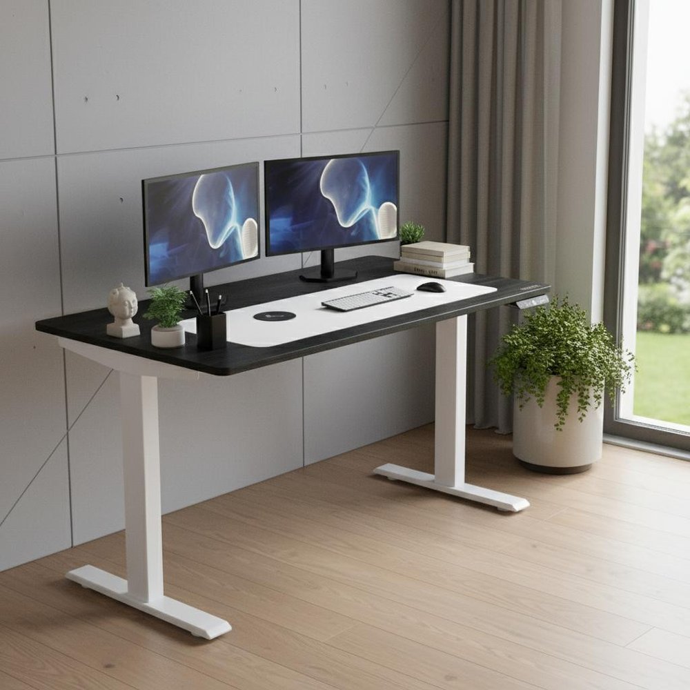 Adjustable Black and White Wood and Stainless Steel Rolling Computer Desk in a home interior