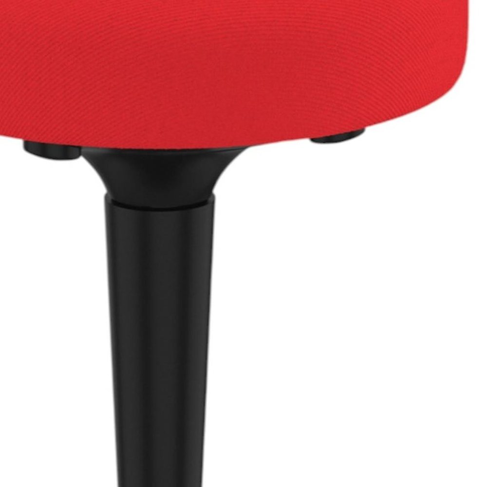 Close-up of a red office chair seat and black adjustable height pedestal on a white background.