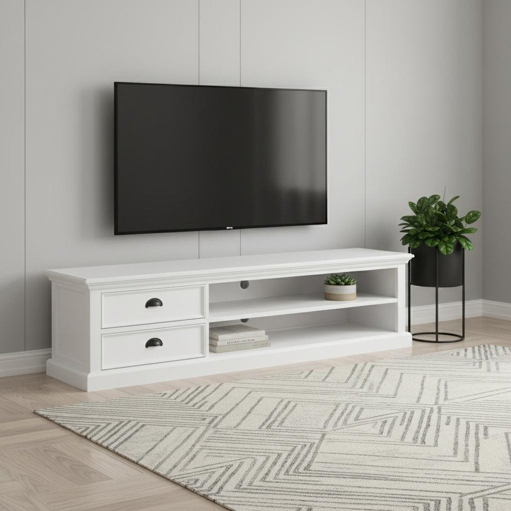 71" Classic White Entertainment Unit with Two Drawers on a white background