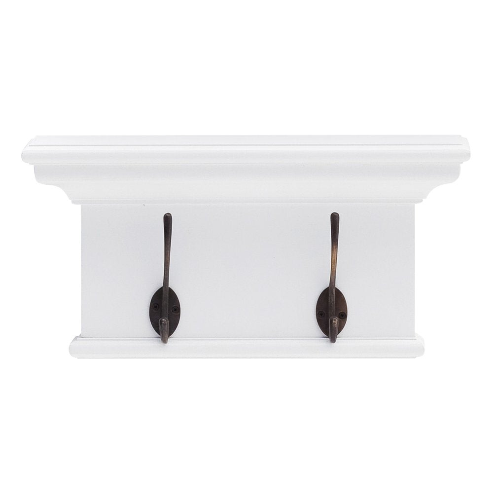 White wooden coat rack with two dark metal hooks against a white background.