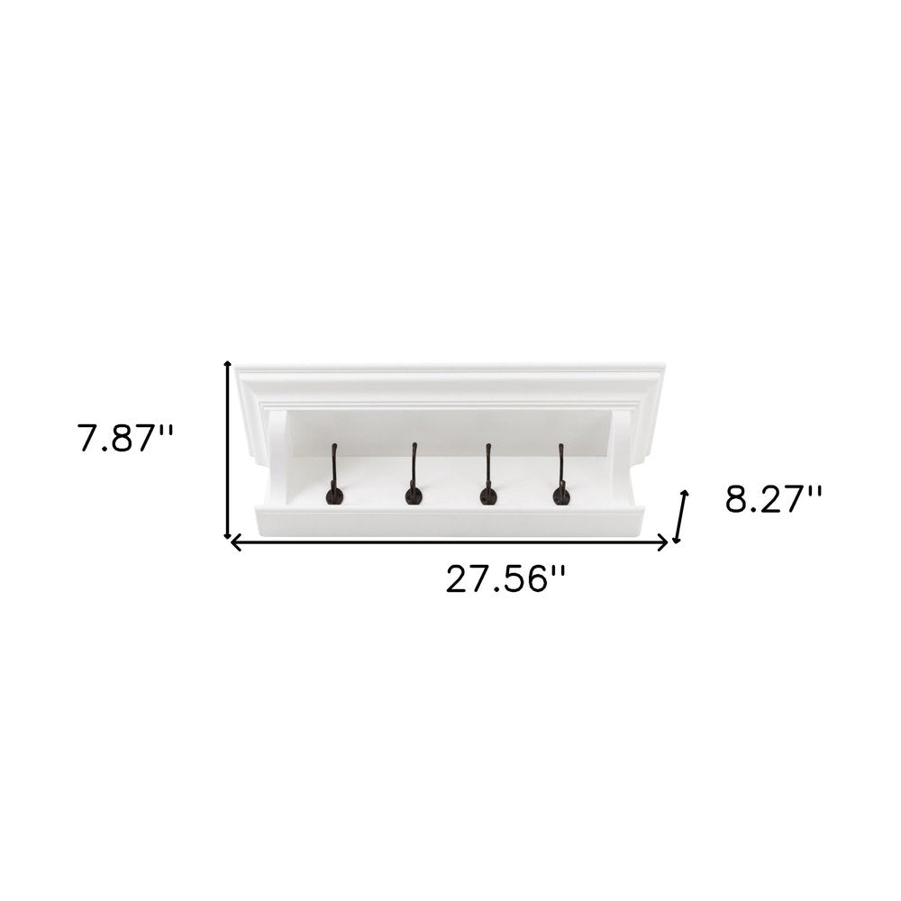 Classic White Wood Wide Four Hook Hanging Coat Rack on a white background