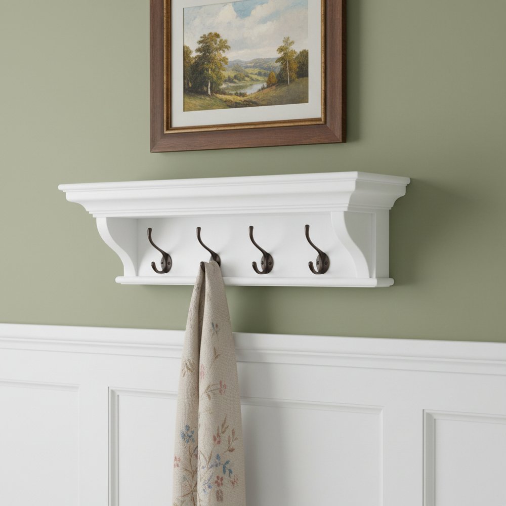 Classic White Wood Wide Four Hook Hanging Coat Rack in a home interior