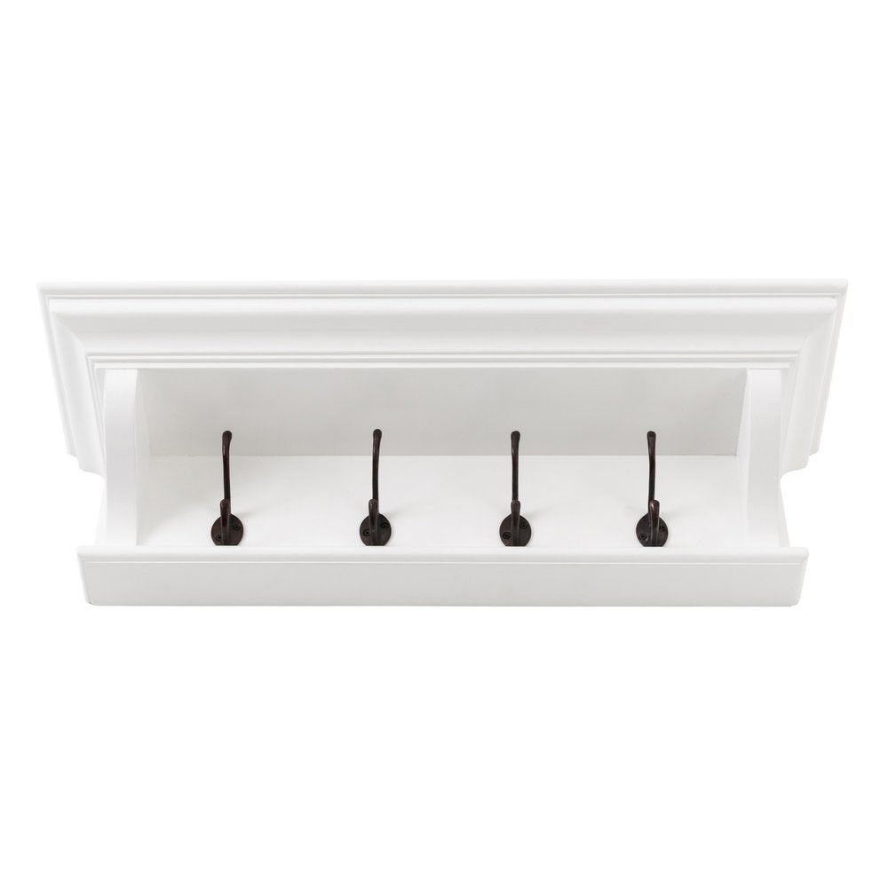 Classic White Wood Wide Four Hook Hanging Coat Rack on a white background