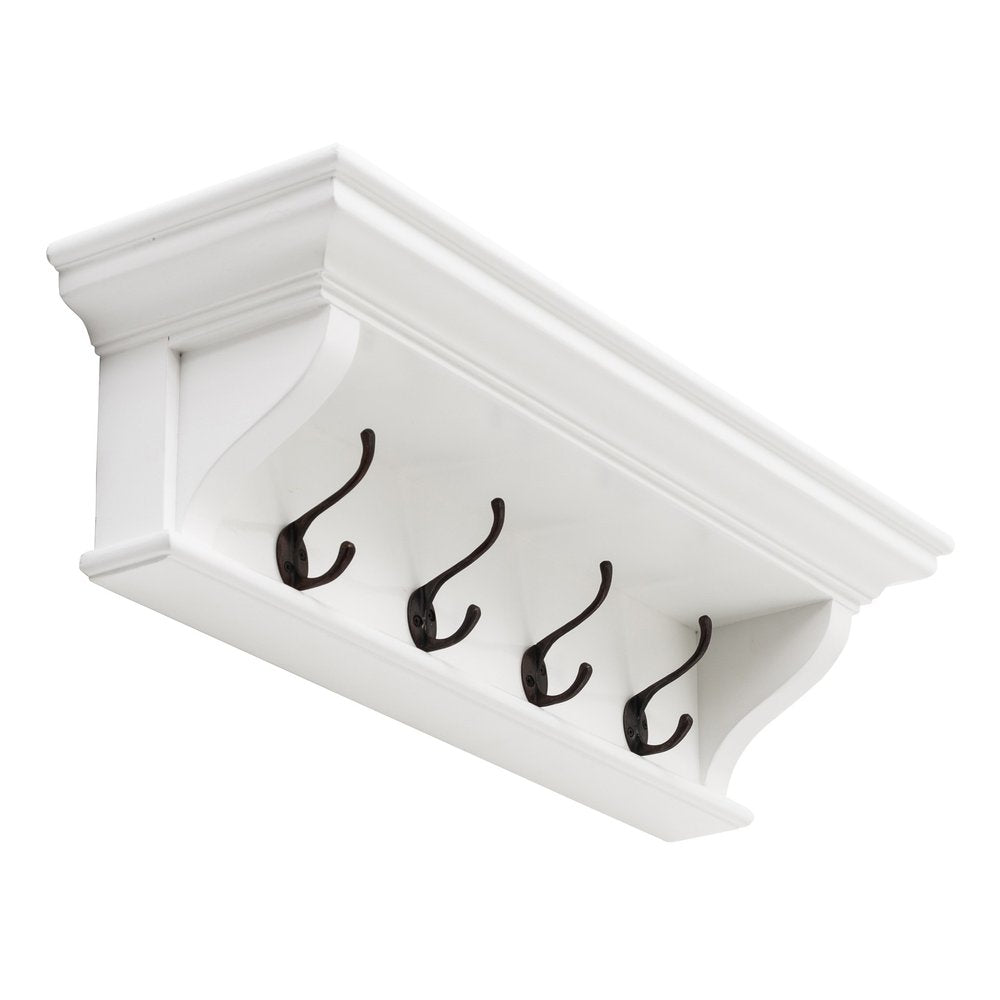 Classic White Wood Wide Four Hook Hanging Coat Rack on a white background