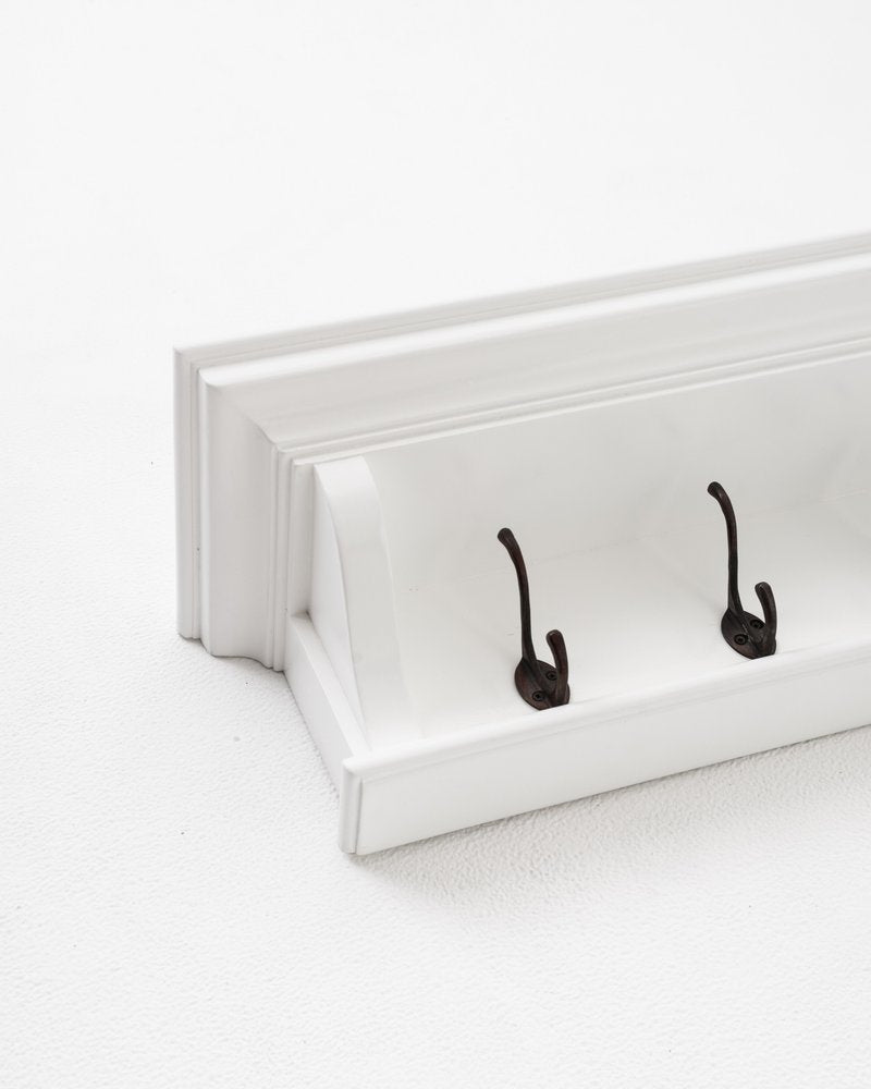Classic White Wood Wide Four Hook Hanging Coat Rack on a white background