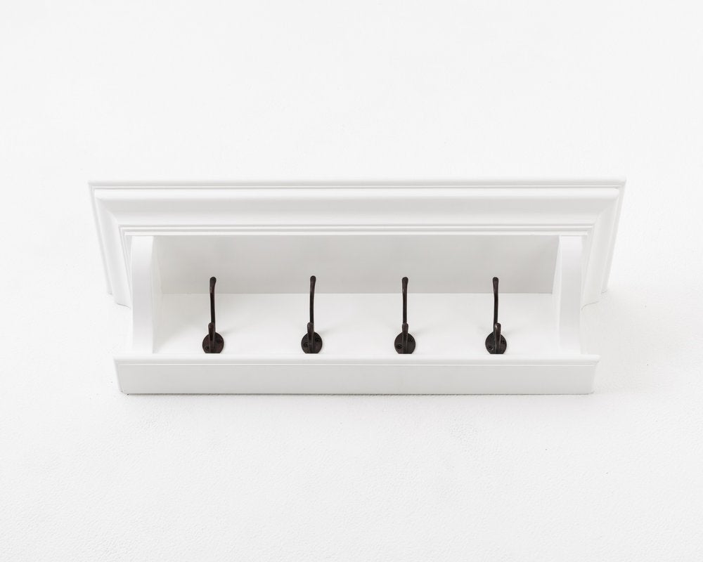 Classic White Wood Wide Four Hook Hanging Coat Rack on a white background