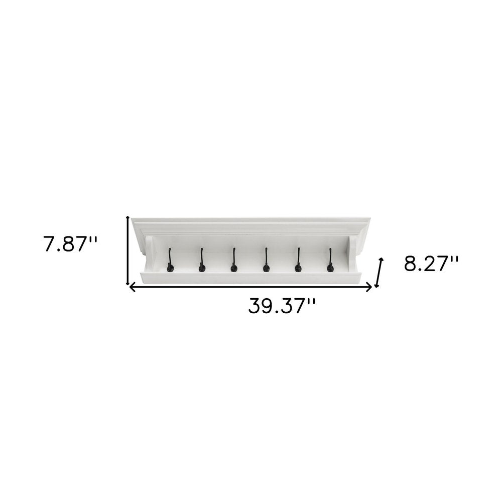 Classic White Wood Wide Six Hook Coat Rack on a white background
