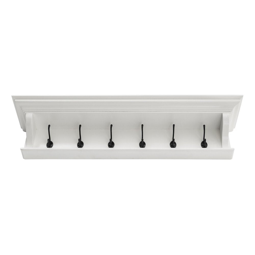 White wood coat rack with six black hooks against a white background.