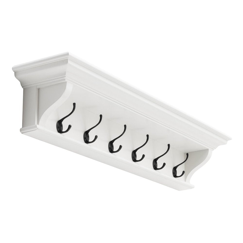 Classic White Wood Wide Six Hook Coat Rack on a white background